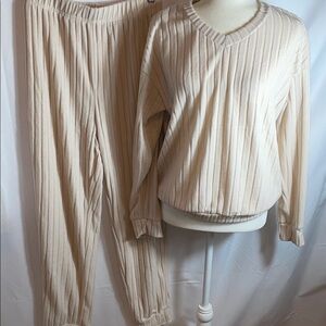 Cream Ribbed V Neck Lounge Set